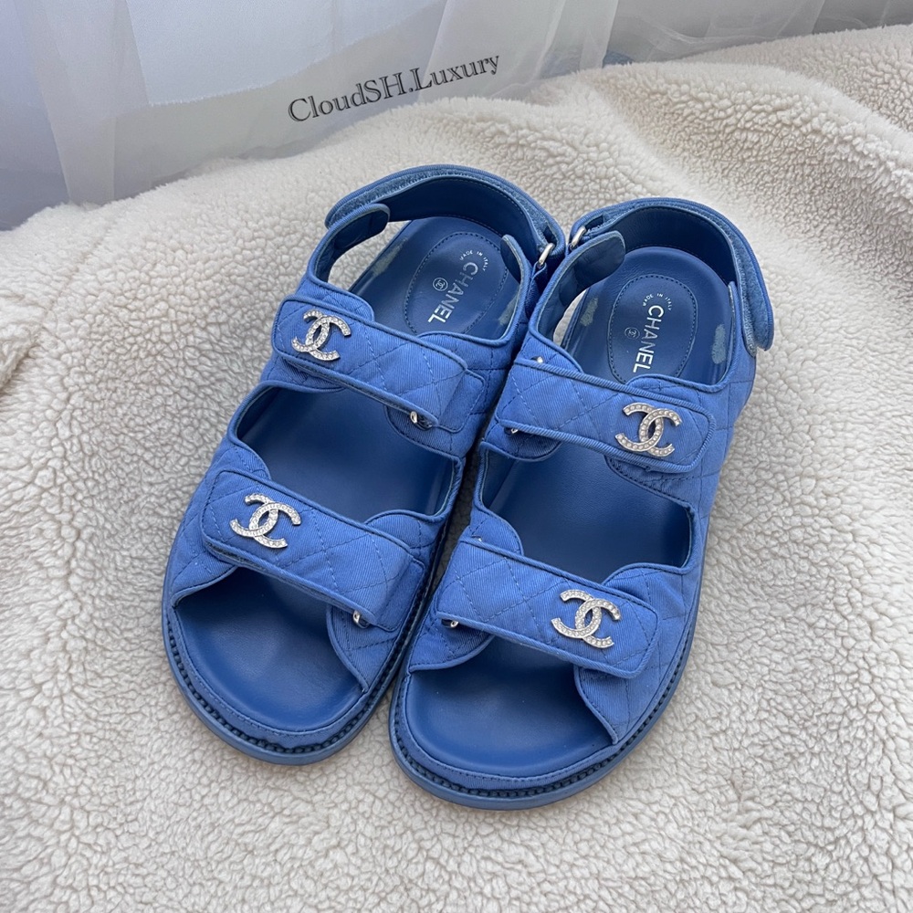 Auth Chanel Classic Quilted Crystal CC Logo Denim Blue Dad Sandals - Size 39